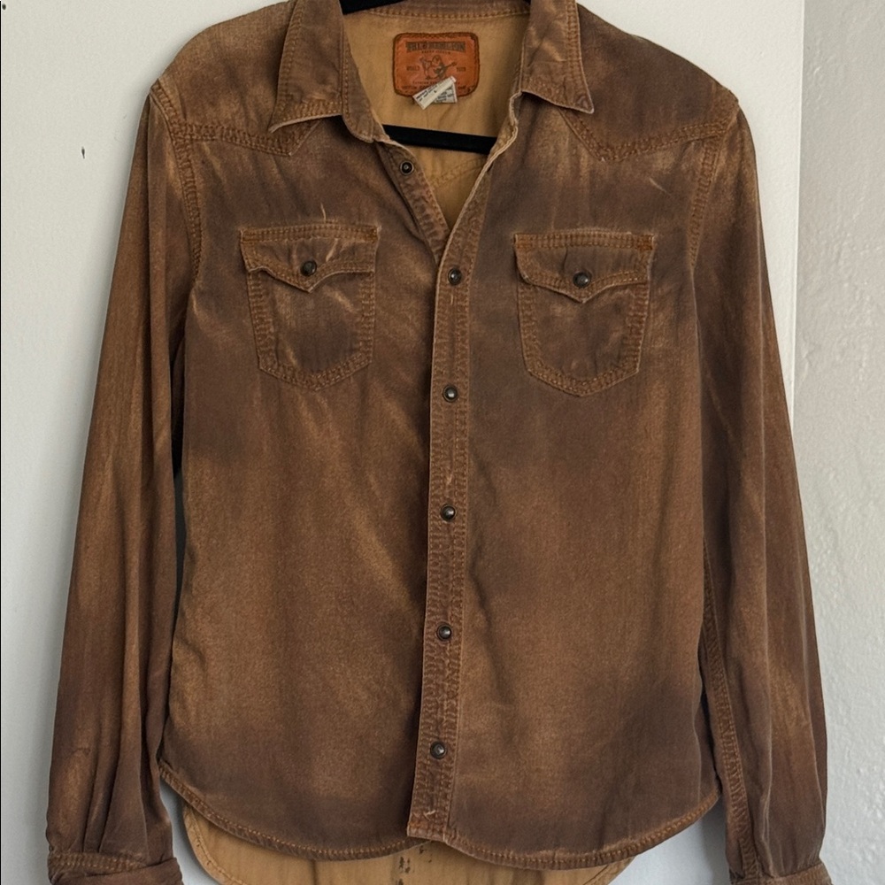 True Religion Tan snap closure western style distressed top shirt Jacket L
